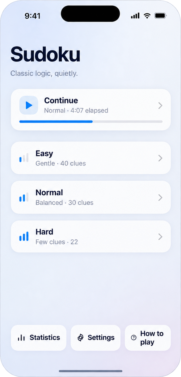 Sudoku app menu screen