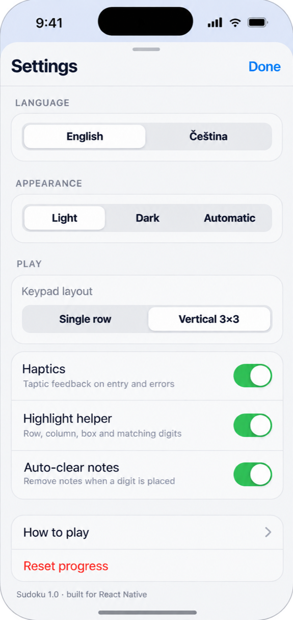 Sudoku app settings screen